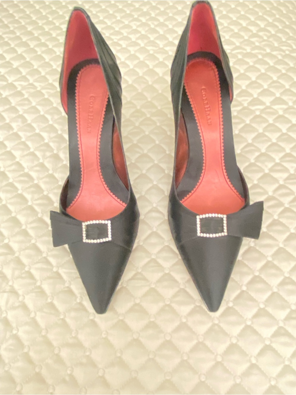 Stunning Women's Black Pointed Toe Bow Pumps with Crystal Buckle. 3” heel.